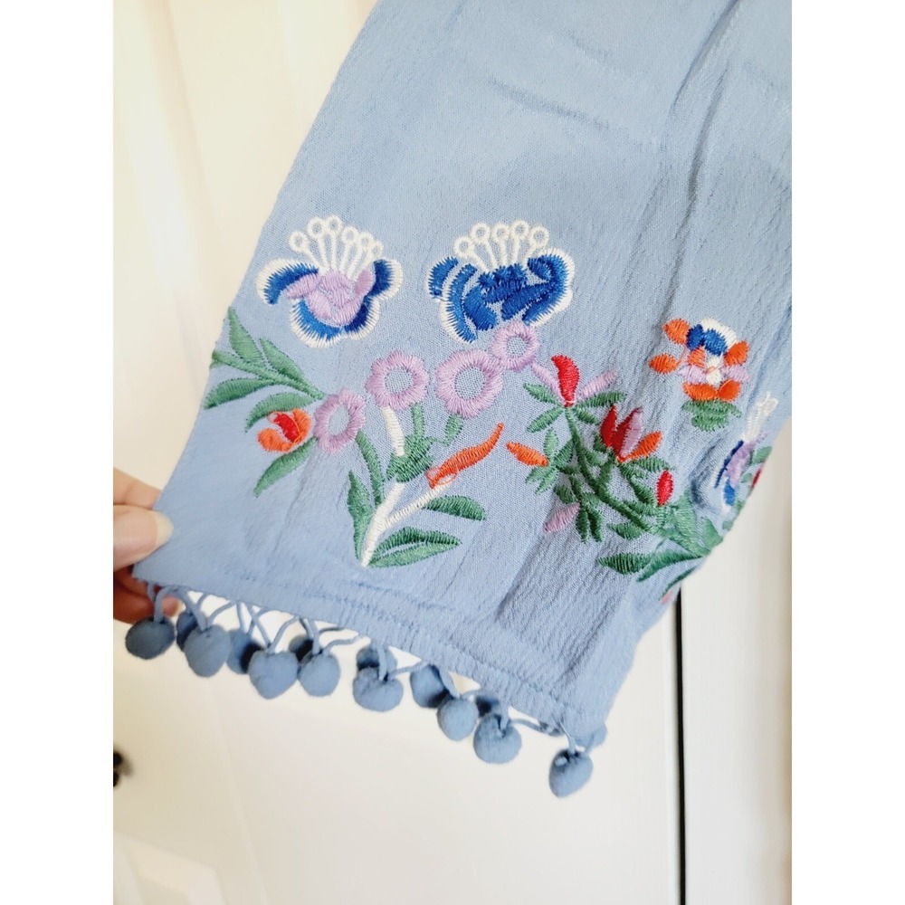 Umgee S Boho Floral Embroidered Pom Pom Trim Tunic Top Blue Small A3096 - Picture 5 of 13